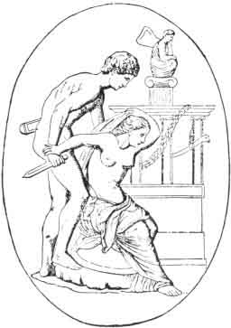 Składanie ofiar z ludzi wśród Greków.<br> [Poliksena ginie z ręki Neoptolemusa na grobie Achillesa..--<i>Starożytna kamea w Berlinie</i>.]