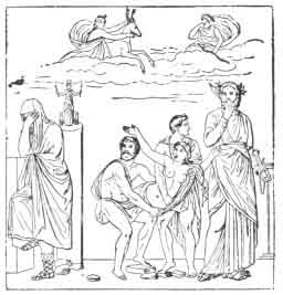 Łania zastępujący Ifigenię.<br> [Agamemnon, jej ojciec, zasłania jej głowę, podczas gdy  Diomedes i Odyseusz dostarczają dziewczę do Kalchas, kapłana. Artemis  ukazuje się w chmurze i nimfa przynosi łanię.--<i>Fresk z Pompei</i>.]