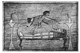 Dusza odwiedzająca mumię. (Z papirusu Ani).