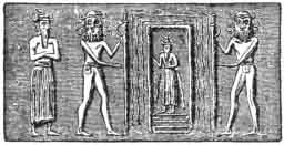 Xisutrus (Babiloński Noe) w Arce. Uratowany dzięki pomocy bogów przed powodzią. [Pewien starożytny cylinder Babiloński. Przedruk za  Smith-Sayce. /Ch. A. of
G./, str. 300]