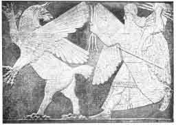 Walka pomiędzy Bel-Merodach a Tiamat. Z starożytnej płaskorzeźby asyryjskiej, obecnie w British Museum