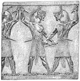 NIRGALLI. Demony o głowie lwa i szponach orła. (British Museum. Przedruk za Lenormant, /l. c./ tom V. str. 204.)><br>
NIRGALLI.<br>
Demony o głowie lwa i szponach orła. (British Museum. Przedruk za Lenormant, 