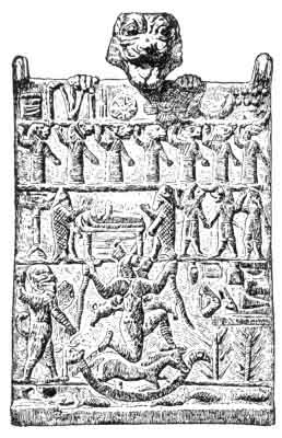 Pewna starożytna brązowa asyryjska tablica przedstawiająca świat w władaniu pewnego złego demona. Z zbioru M. de Clercq. (Przedruk za Lenormant).