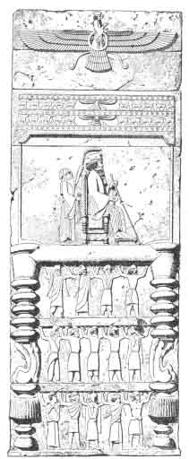 Płaskorzeźba z Persepolis. (Reprodukcja z Coste et Flandin, /Perse Ancienne/, Pl. 156 . Z  Lenormant, tom V, str. 485.)