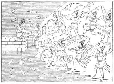 Hanuman, Król Małp, budujący most ponad cieśniną pomiędzy Indrą a Landka. (Reprodukcja za Hermann Göll.)