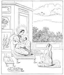 Kriszna pielęgnowany przez Devaki. Za pewnym starym i barwnym malowidłem hinduskim. (Reprodukcja z  Moore's Hindu Pantheon, rysunek 59.)