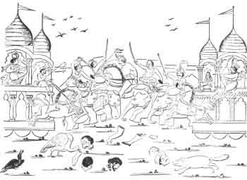 Bitwa pomiędzy Kurus a Pandus na polach Kurukshetra. (Reprodukcja z Wilkins.)