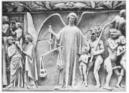 Chrześcijańskie przedstawienie Sądu Ostatecznego. Płaskorzeźba na głównej bramie w Katedrze w  Bourges, Francja. XIV wiek. (Reprodukcja z Klassischer Skulpturenschatz.)