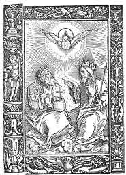 Ideał Trójcy średniowiecznego chrześcijaństwa. (Dawne Niemcy.) Przedstawia Boga jako Cesarza, Chrystusa jako Króla i Ducha Świętego jako składowe światła, ładu i dobrego rządzenia. (Reprodukcja z Muther.)