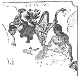Tuchulcha, demon piekielnych tortur, zgodnie z wierzeniami Etrusków. (Część malowidła ściennego w pewnym grobie w  Corneto.)