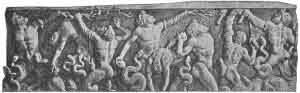 Gigantomachia; Olbrzymy szturmujący Niebiosa. Brązowa płaskorzeźba na pewnym starożytnym sarkofagu. Obecnie w Muzeum Watykanu.