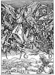 Wojna w Niebiosach. Za Objawieniami św. Jana. (Albrecht Dürer.)