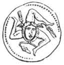 Sycylijska moneta z głową Meduzy. Używanie Trójnogu było częste na wyspie  o trzech narożnikach. Kłos pszenicy wskazuje przysłowiową płodność Sycylii, spichlerza Rzymu.