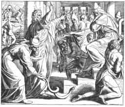 Mojżesz i Aaron dokonujący wężowego cudu przed Faraonem. (Za 
Schnorr von Carolsfeld.)