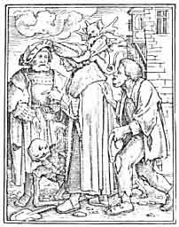 
Diabeł Skąpstwa czyniący sknerę nieczułym. (Hans
Holbein.)