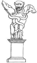 
Trójgłowy Serafis. Z głową lwa pośrodku i psa po prawej a wilka po lewej stronie. (Z /Lucernae Veterum Sepulchrates/ Bartoli, tom II, pozycja 7.)