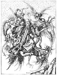 
Św. Antoni zaatakowany przez Diabły. (Za miedziorytem  Schoengauera, lata 1420-1499.)
